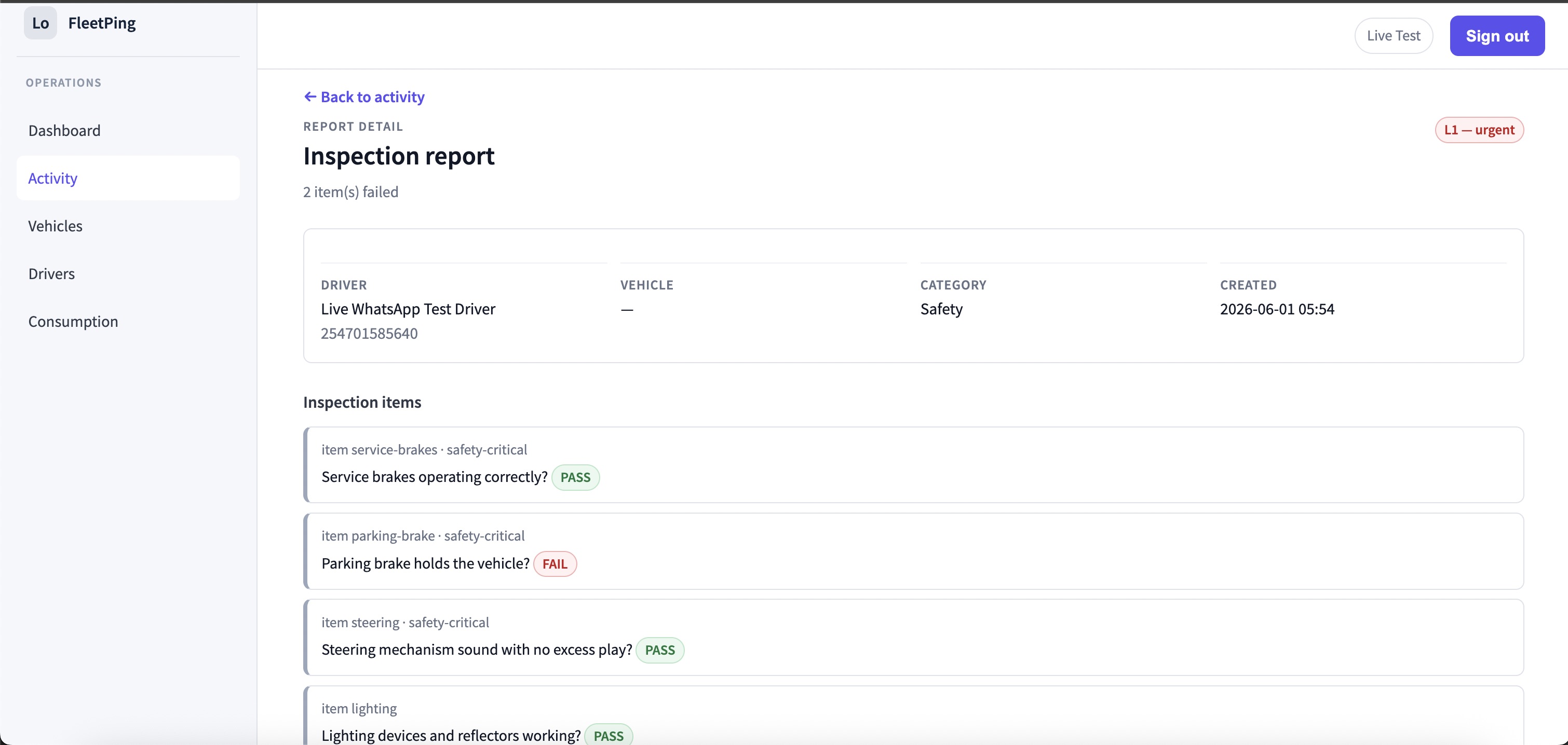 FleetPing dashboard showing report detail with two failed inspection items and urgent status