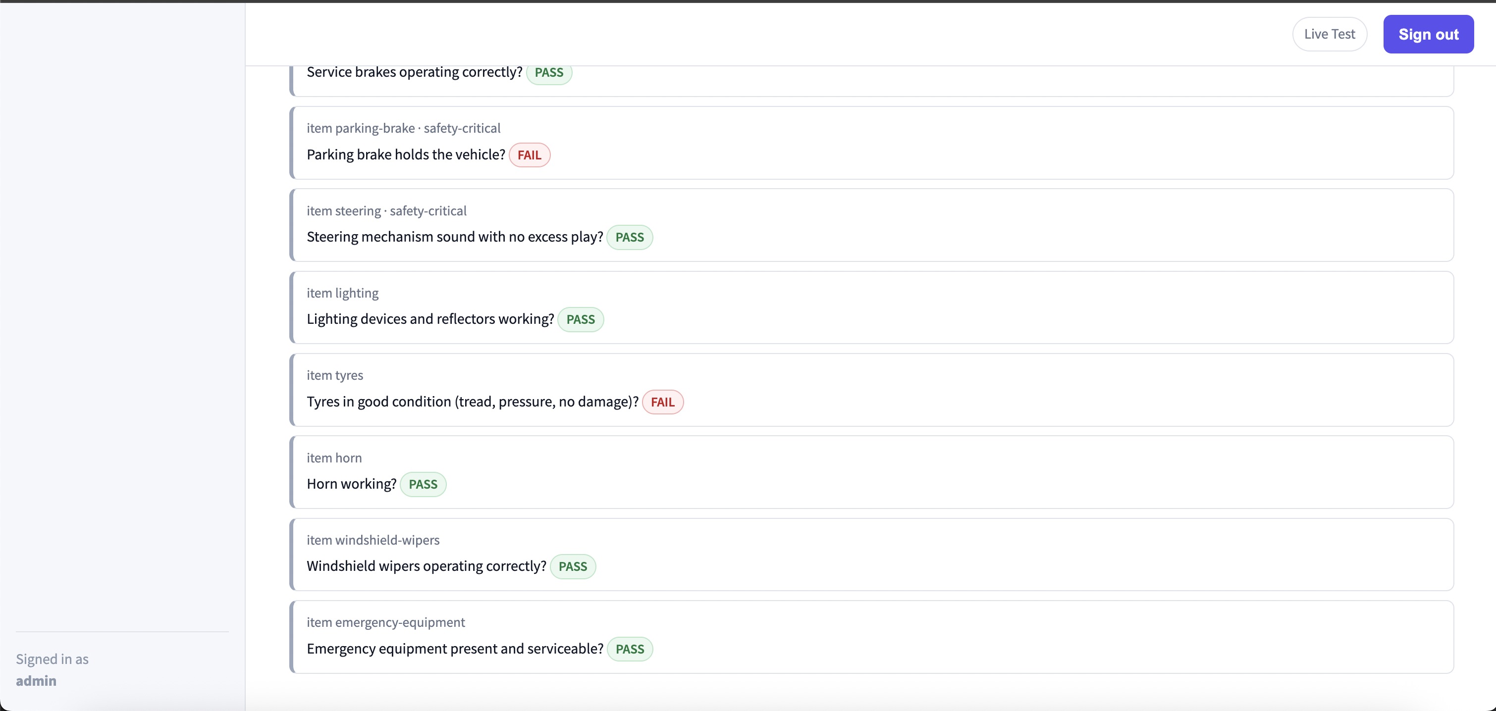 FleetPing dashboard showing full inspection item results with PASS and FAIL badges