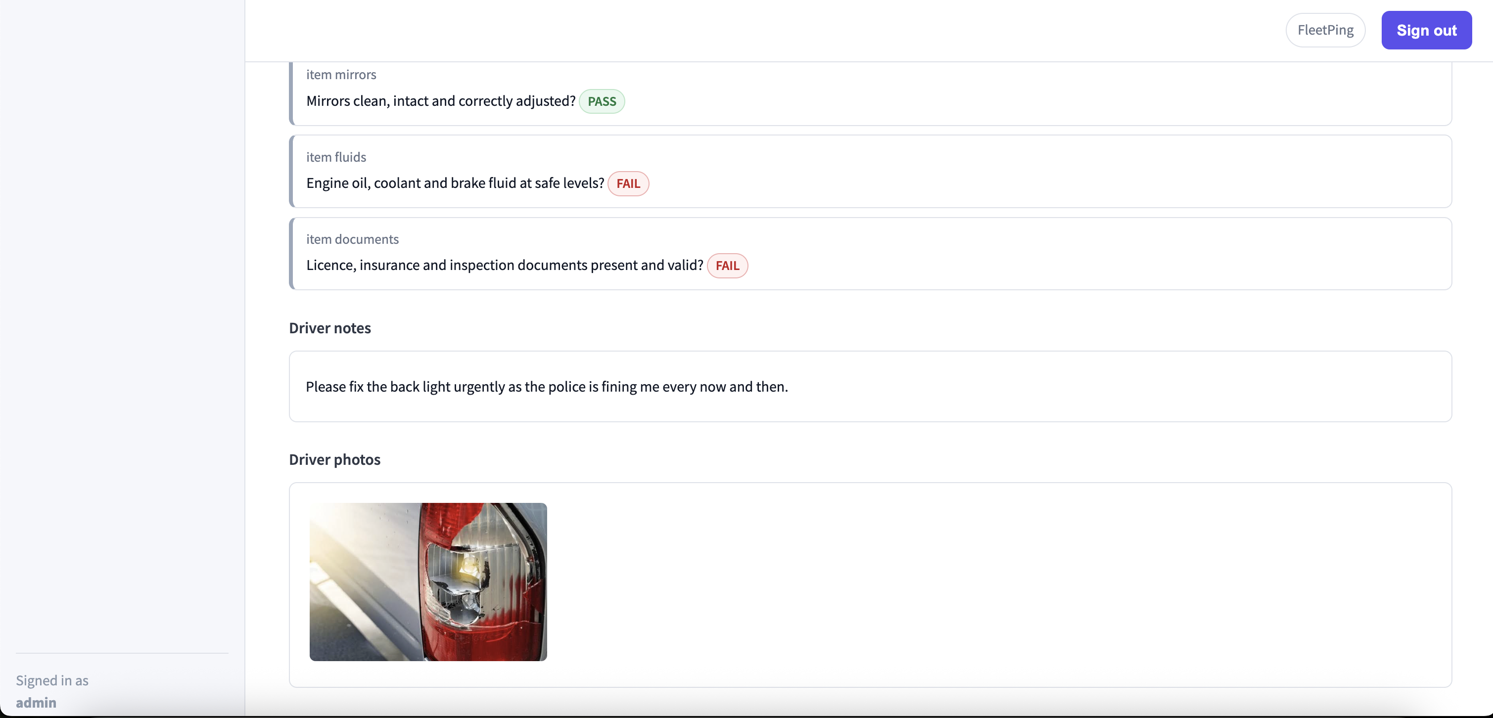 FleetPing manager dashboard showing failed inspection items, driver notes, and uploaded defect photos