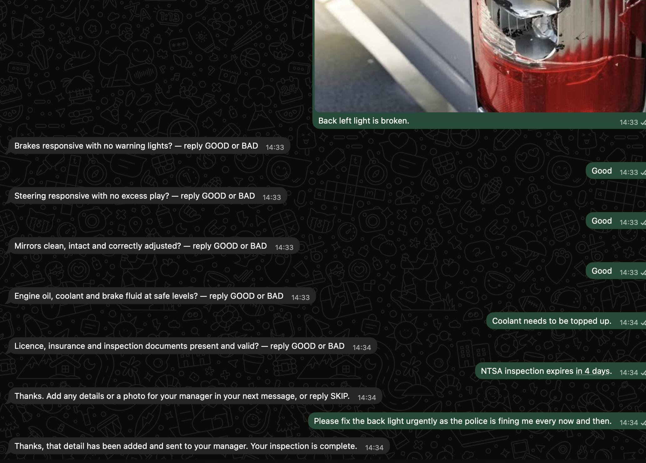 FleetPing WhatsApp inspection showing defect photo evidence, GOOD responses, document notes, and driver comments